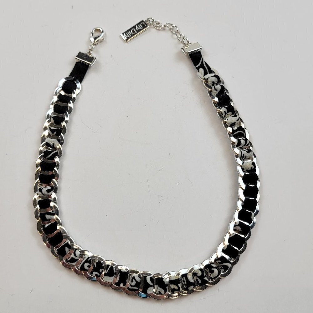 Lily Dilly Animal Print Silver Tone Curb Chain Choker Necklace 14.5" Black White